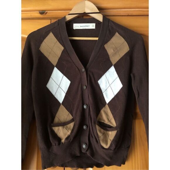 Zara Knit Argyle Cropped Women’s Cardigan Size S - Picture 3 of 10